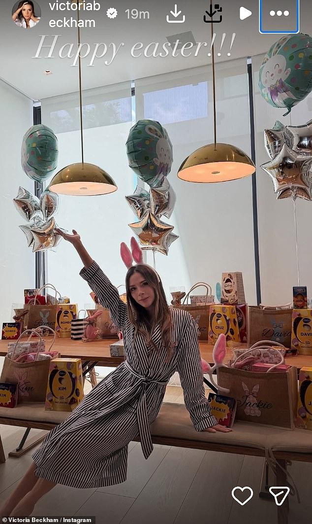 The Beckhams celebrate Easter in Miami as Victoria shows off personalised hampers for the family - but son Brooklyn and Nicola Peltz's names are noticeably absent amid feud