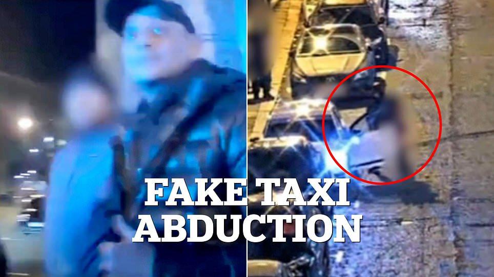 Chilling moment fake taxi driver snatches drunk woman off the streets and bundles her into his car before police swoop as he is jailed for seven years