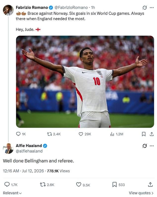 Alfie Haaland aims dig at referees after Norway are knocked out by England in the World Cup quarter-final - after son Erling was bizarrely subbed OFF despite his side needing a goal in Miami
