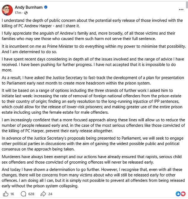 Andy Burnham U-turns as he bows to huge public pressure to block the early release from prison of PC Andrew Harper's killers