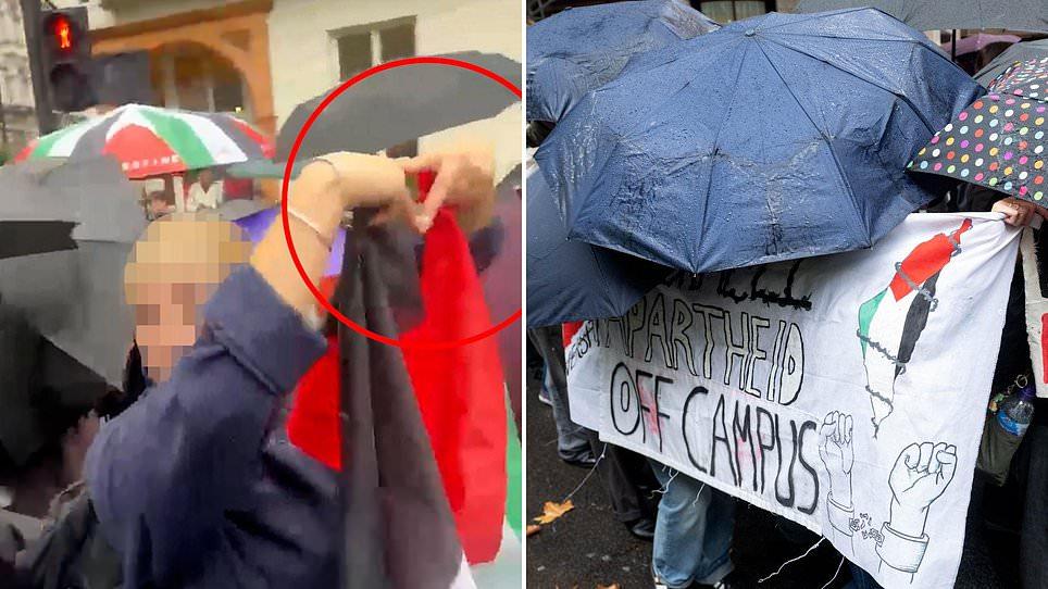 Protester is spotted making 'pro-Hamas' triangle sign on October 7 march after five were arrested for 'inciting racial hatred' outside Board of Deputies of British Jews