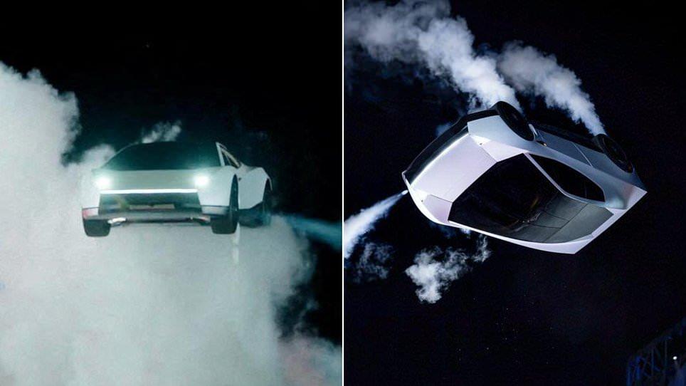'This is a prank, right?' Social media is baffled by Tesla's flying car stunt - as one jokes 'car insurance companies are going to s*** themselves'