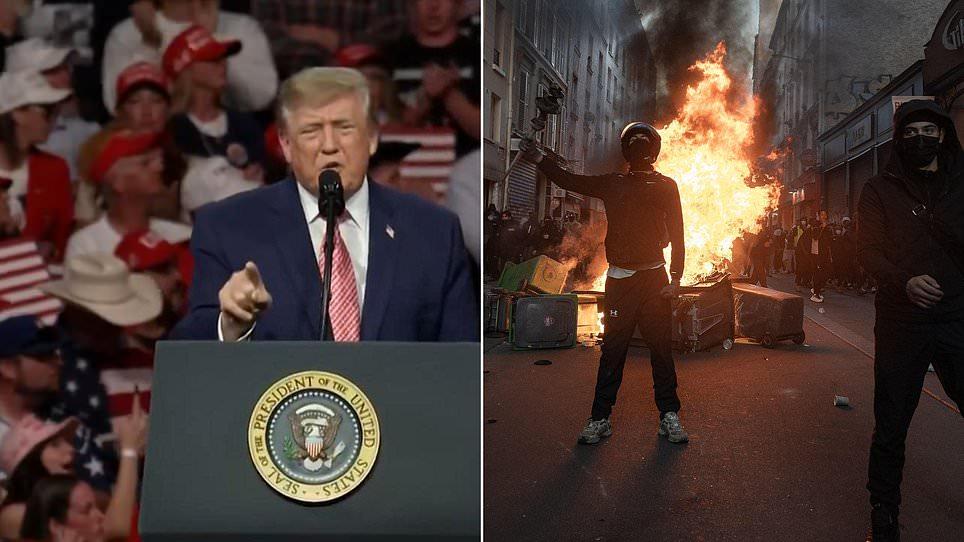 Trump makes promise to US voters as he points to mayhem erupting across Europe and tells Kansas rally crowd France is being 'burned to the ground by migrants'