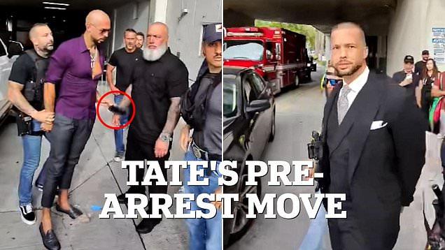 Brazen Andrew Tate appears to try and slip phone to bodyguard as he is arrested over child porn charge