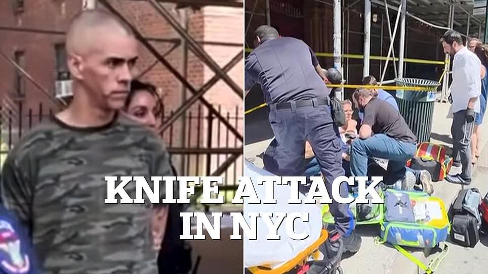 Knife-wielding maniac who stabbed two people outside NYC synagogue while shouting 'Allahu Akbar' seems dazed as he is arrested