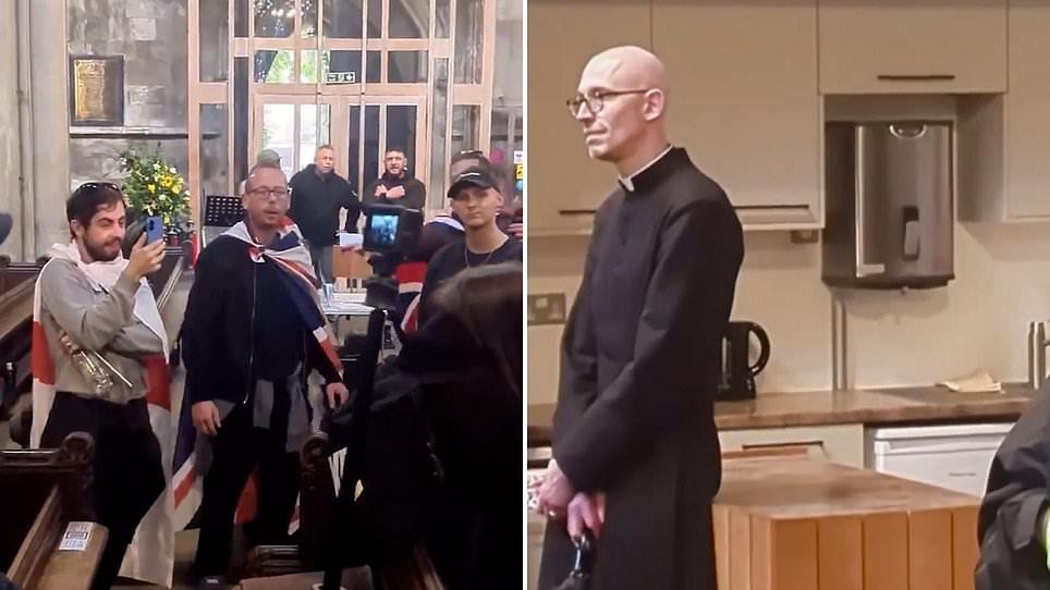 Moment anti-immigration activists confront vicar in Doncaster Minster and accuse him of failing 'to support British values' for attending counter-protest